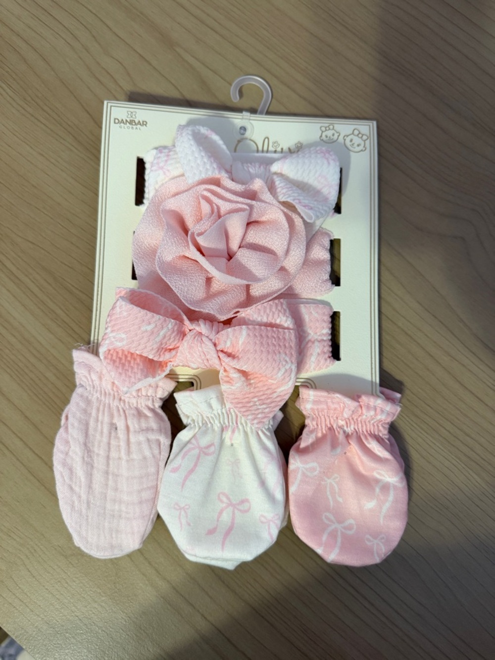 Pink Baby Bow & Rose Headband with 3-Pair Pink Mittens Set